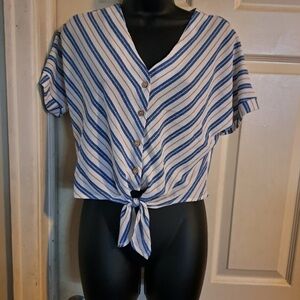 Monteau Blue and White Striped Button-Down Top